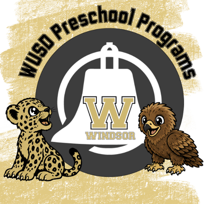 A baby jaguar and a baby eagle are posed in front of the WUSD bell logo
